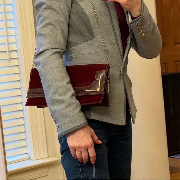 Vintage 1970s Archival Burgundy Velvet and Leather-Look Geometric Clutch - Picture 11 of 15